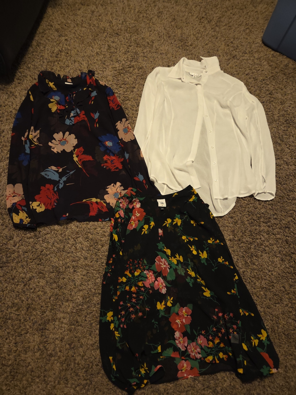 CAbi Floral Silk Blouse in Black with Red, Blue, Yellow and Pink Blooms